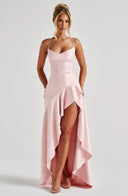 Épiphanie satin ruffle slit maxi dress