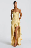 Épiphanie satin ruffle slit maxi dress