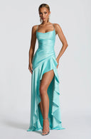 Épiphanie satin ruffle slit maxi dress
