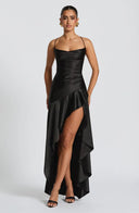 Épiphanie satin ruffle slit maxi dress