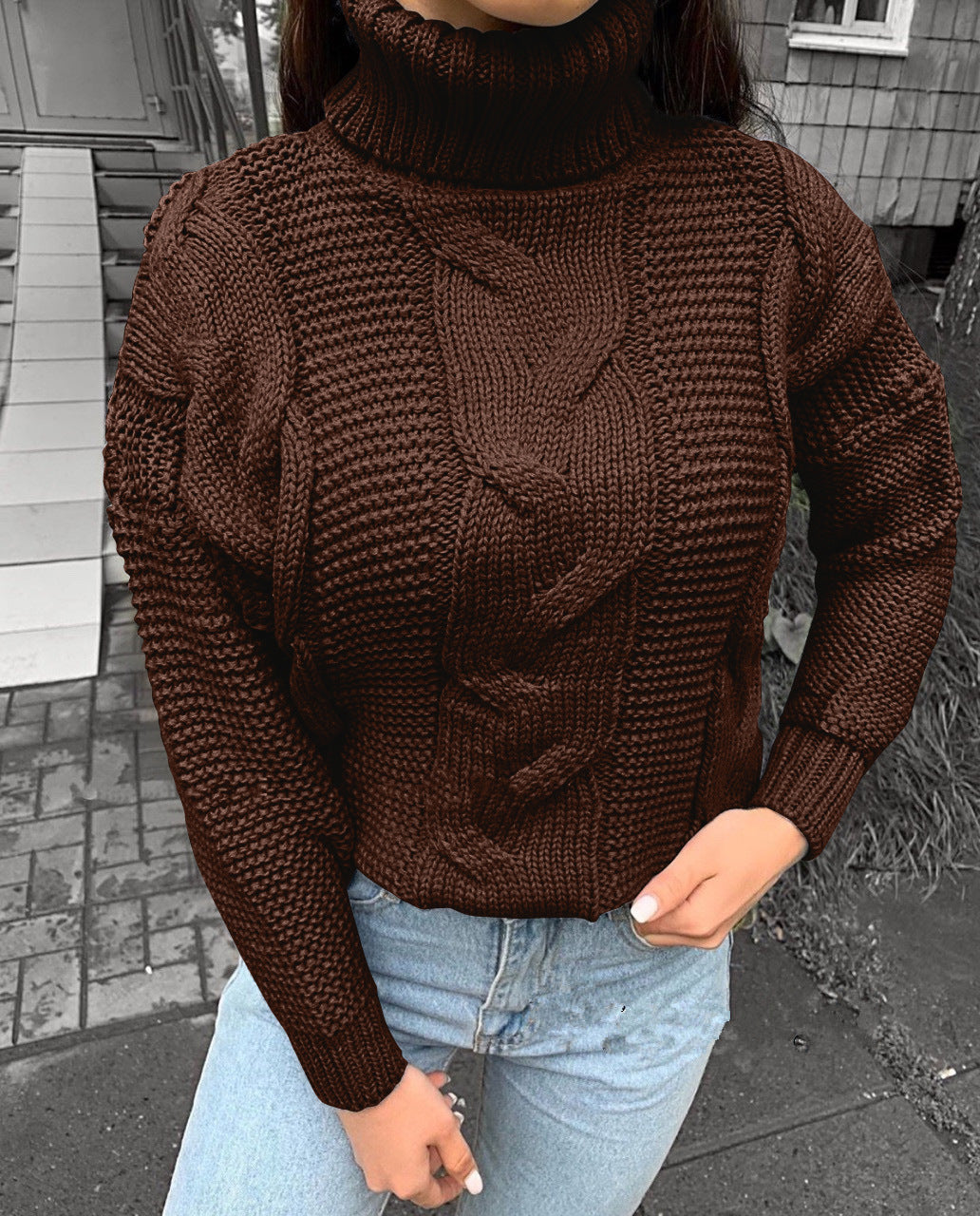 Sandra Cable Knit Roll Neck Jumper in Brown