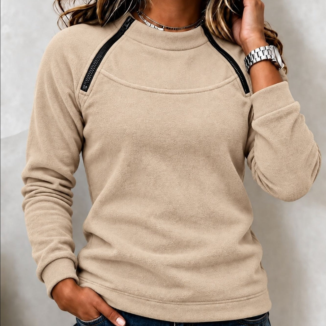 Stacey Zip Detail Crew Neck Sweatshirt in Beige