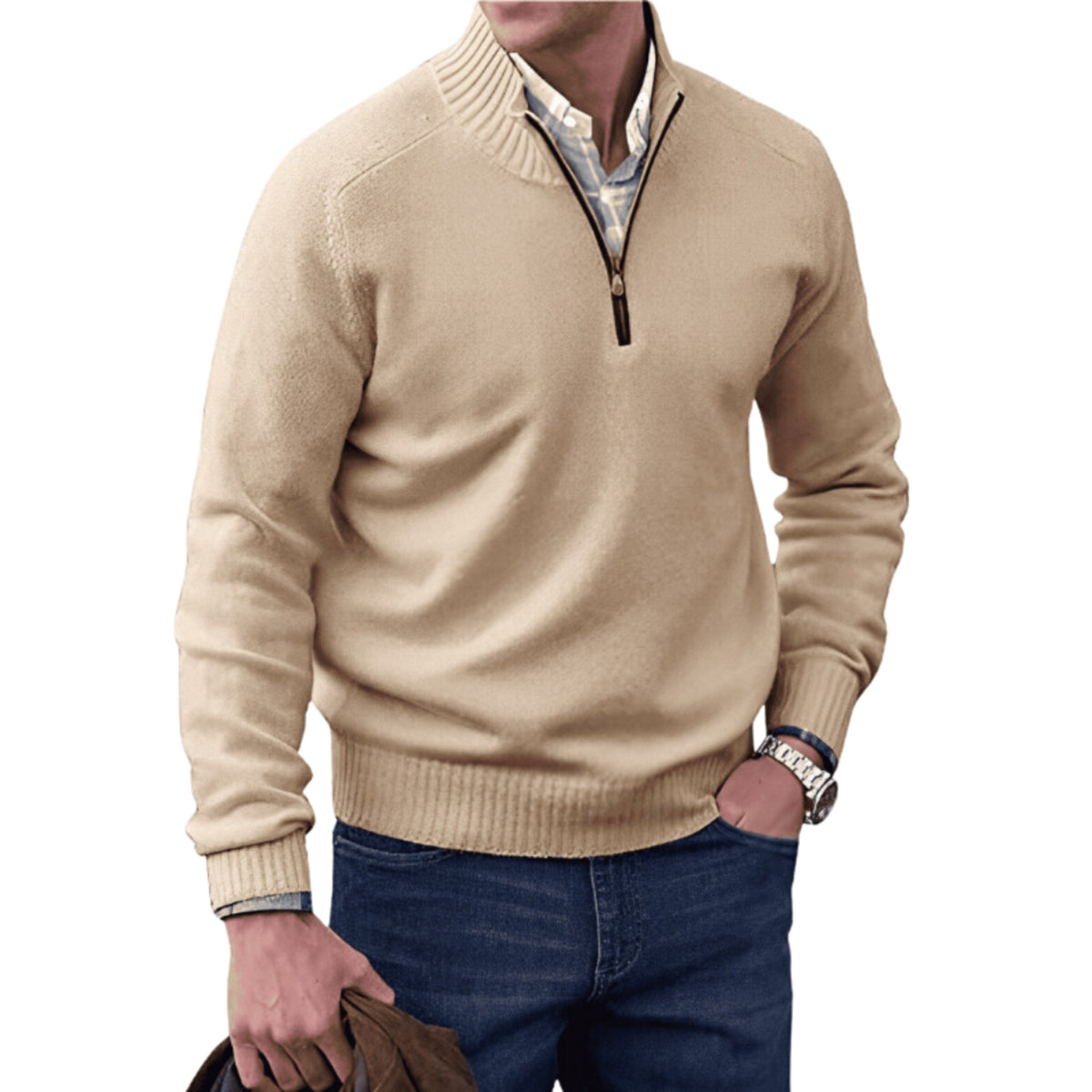 Nicholas Zip Neck Winter Knit Jumper in Beige