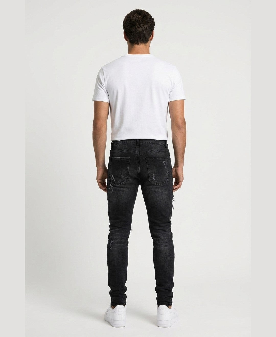 Kian Ripped Slim Jeans men's bottoms in black, back view 9:11