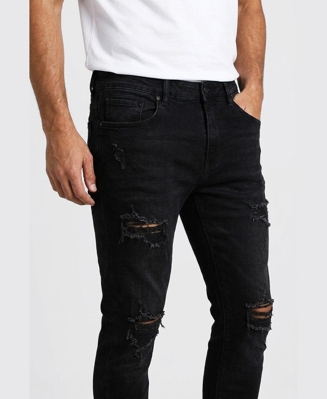 Kian Ripped Slim Jeans men's bottoms in black, closeup view 9:11