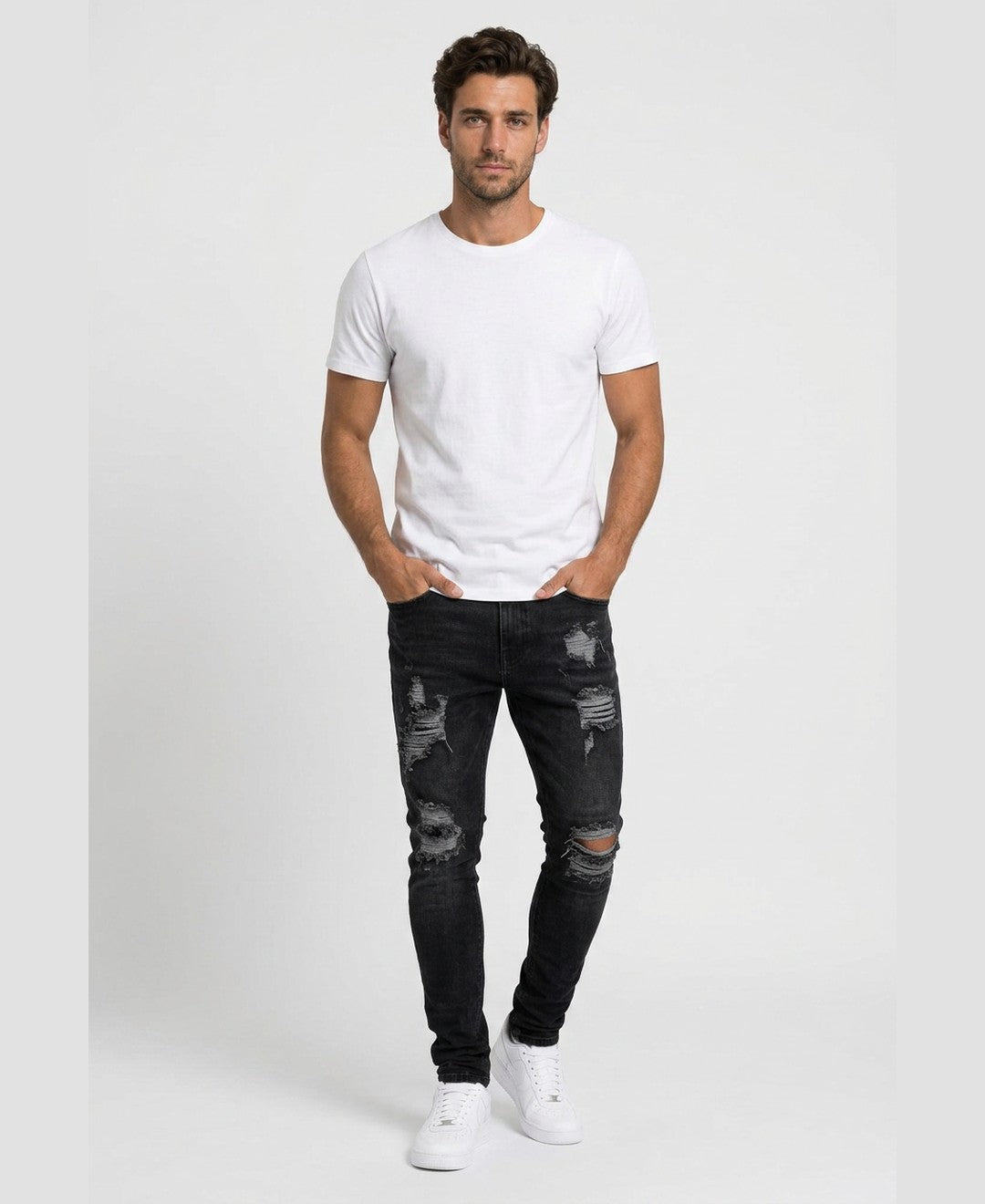 Kian Ripped Slim Jeans men's bottoms in black, front view 9:11