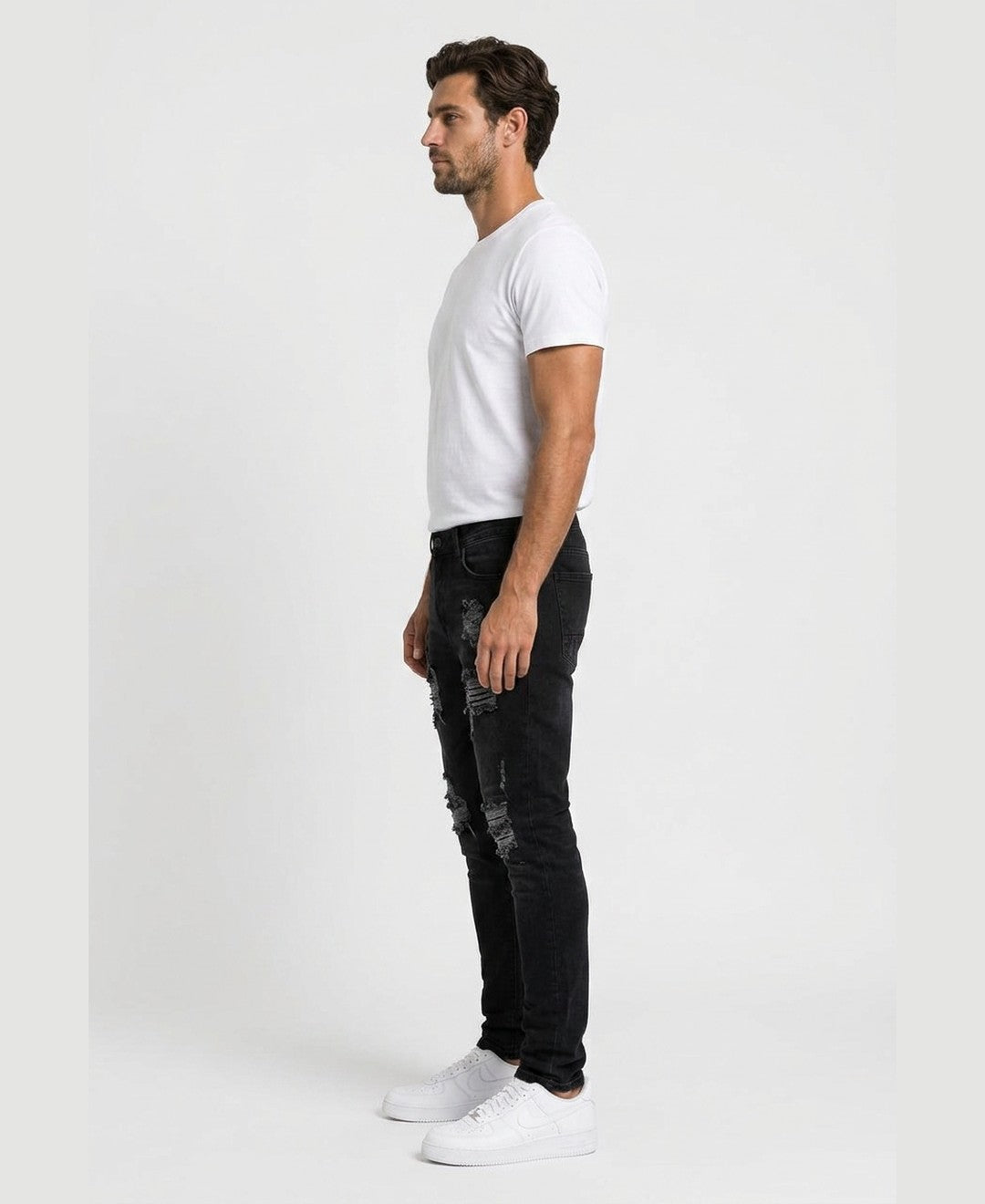 Kian Ripped Slim Jeans men's bottoms in black, side view 9:11