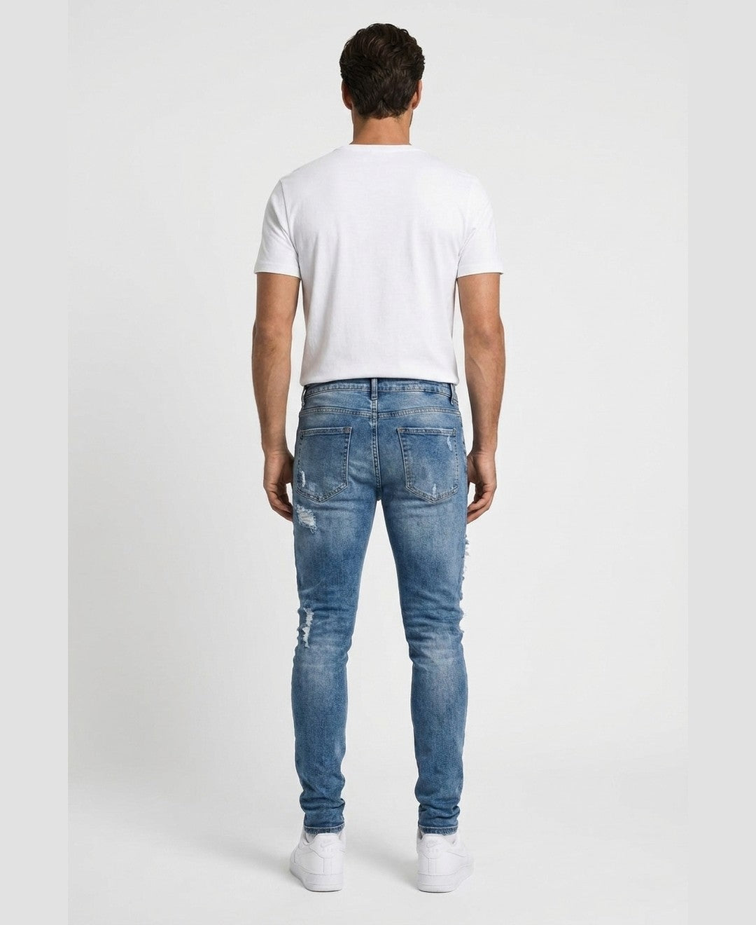 Kian Ripped Slim Jeans men's bottoms in blue, back view 9:11