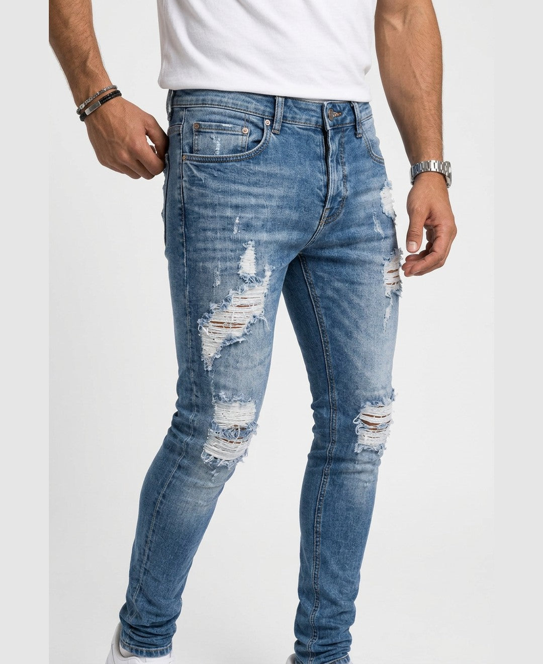 Kian Ripped Slim Jeans men's bottoms in blue, closeup view 9:11