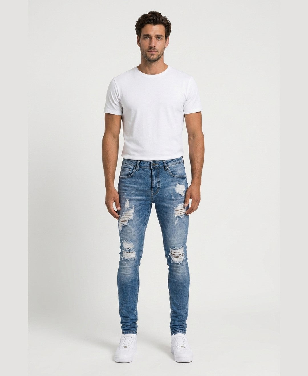 Kian Ripped Slim Jeans men's bottoms in blue, front view 9:11