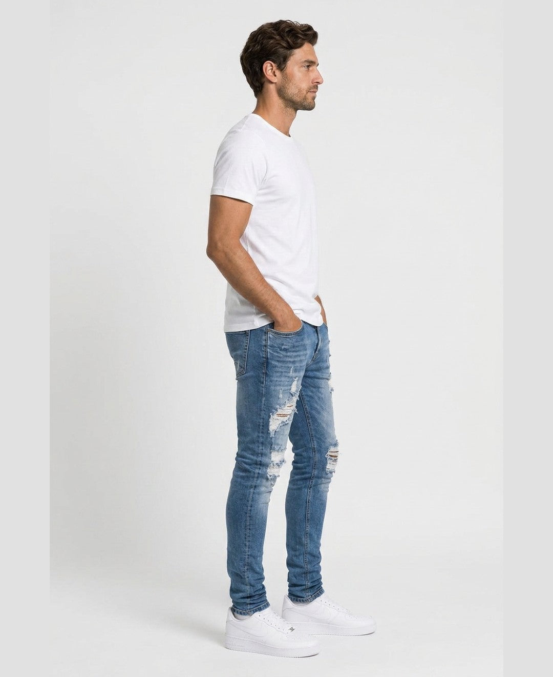 Kian Ripped Slim Jeans men's bottoms in blue, side view 9:11