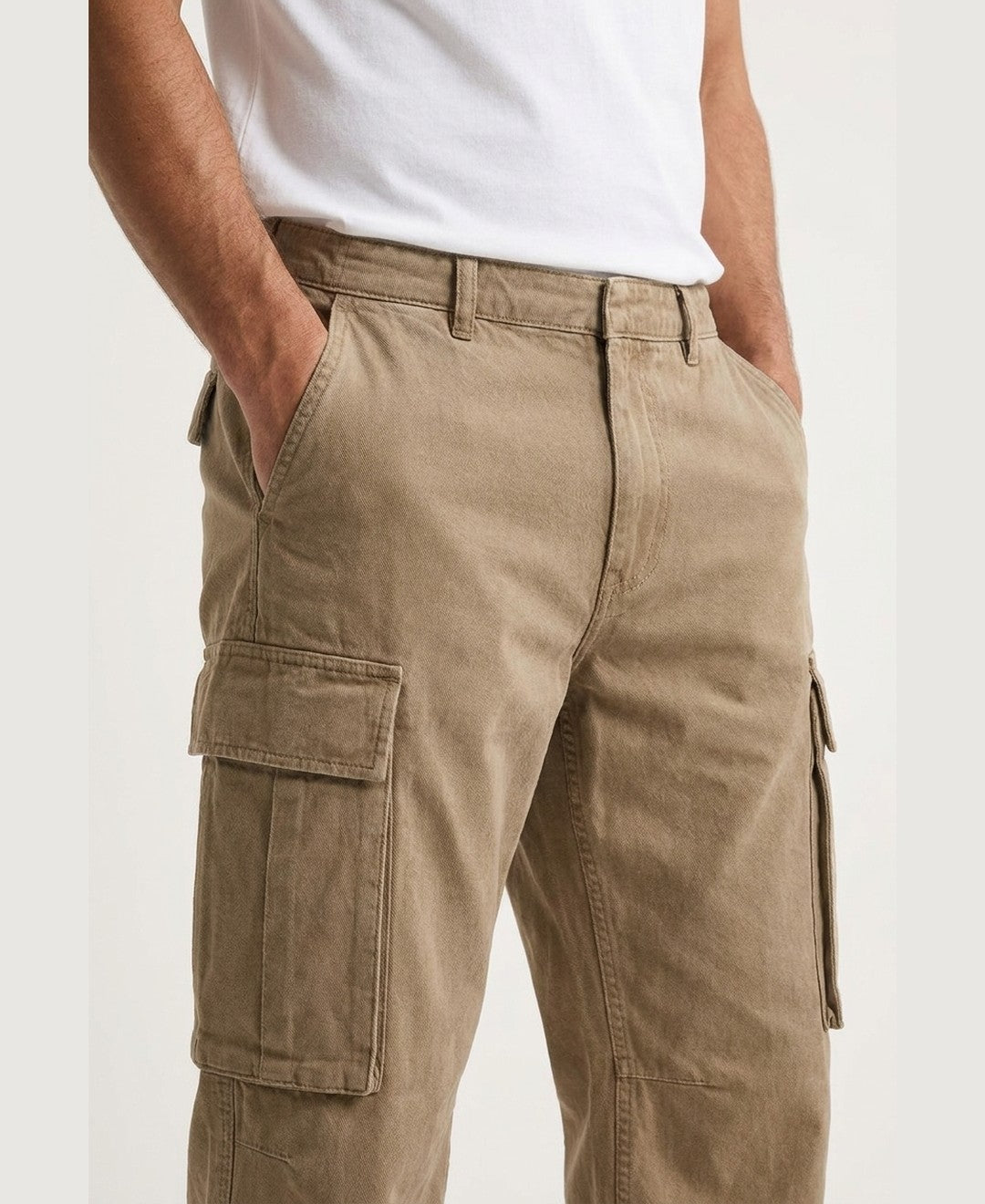 Reid Cargo Trousers men's bottoms in khaki, closeup view 9:11