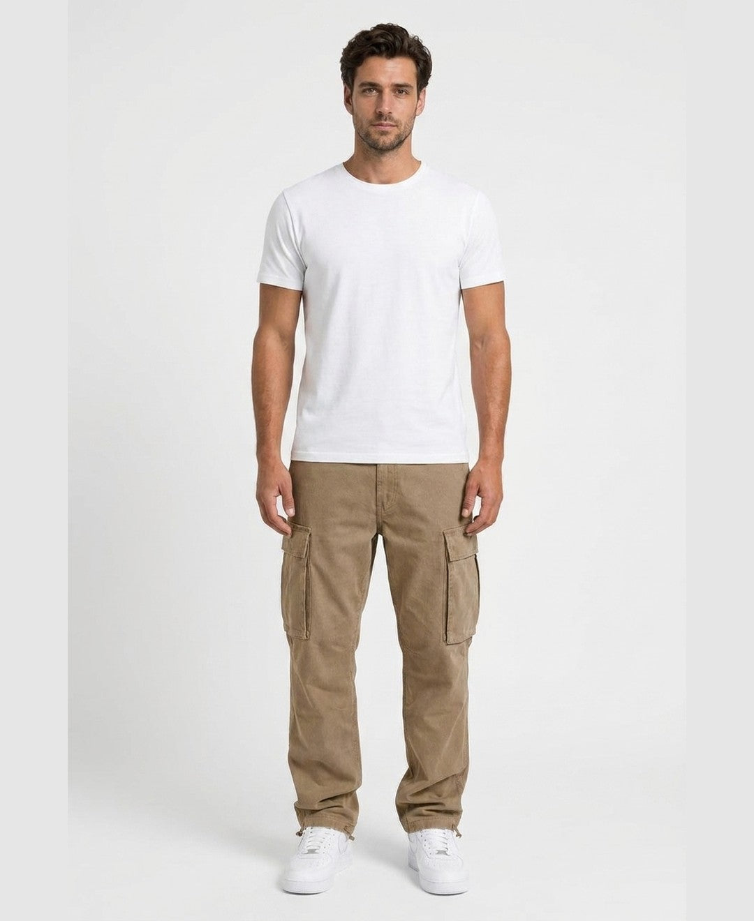 Reid Cargo Trousers men's bottoms in khaki, front view 9:11