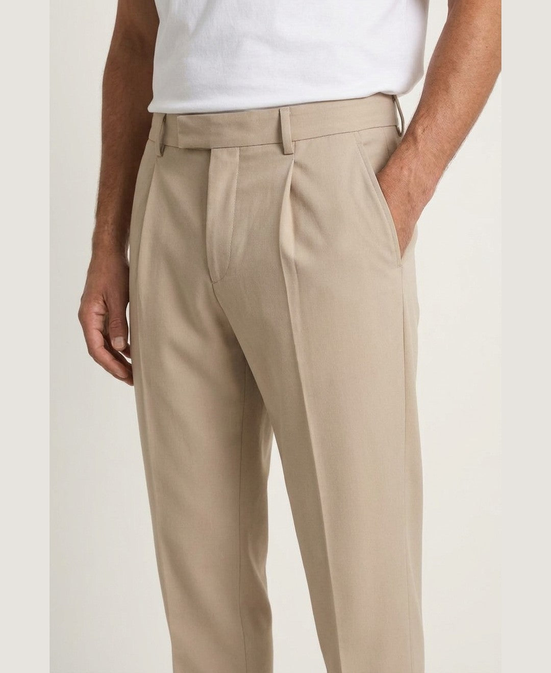 Marcus Pleated Trousers men's bottoms in beige, closeup view 9:11