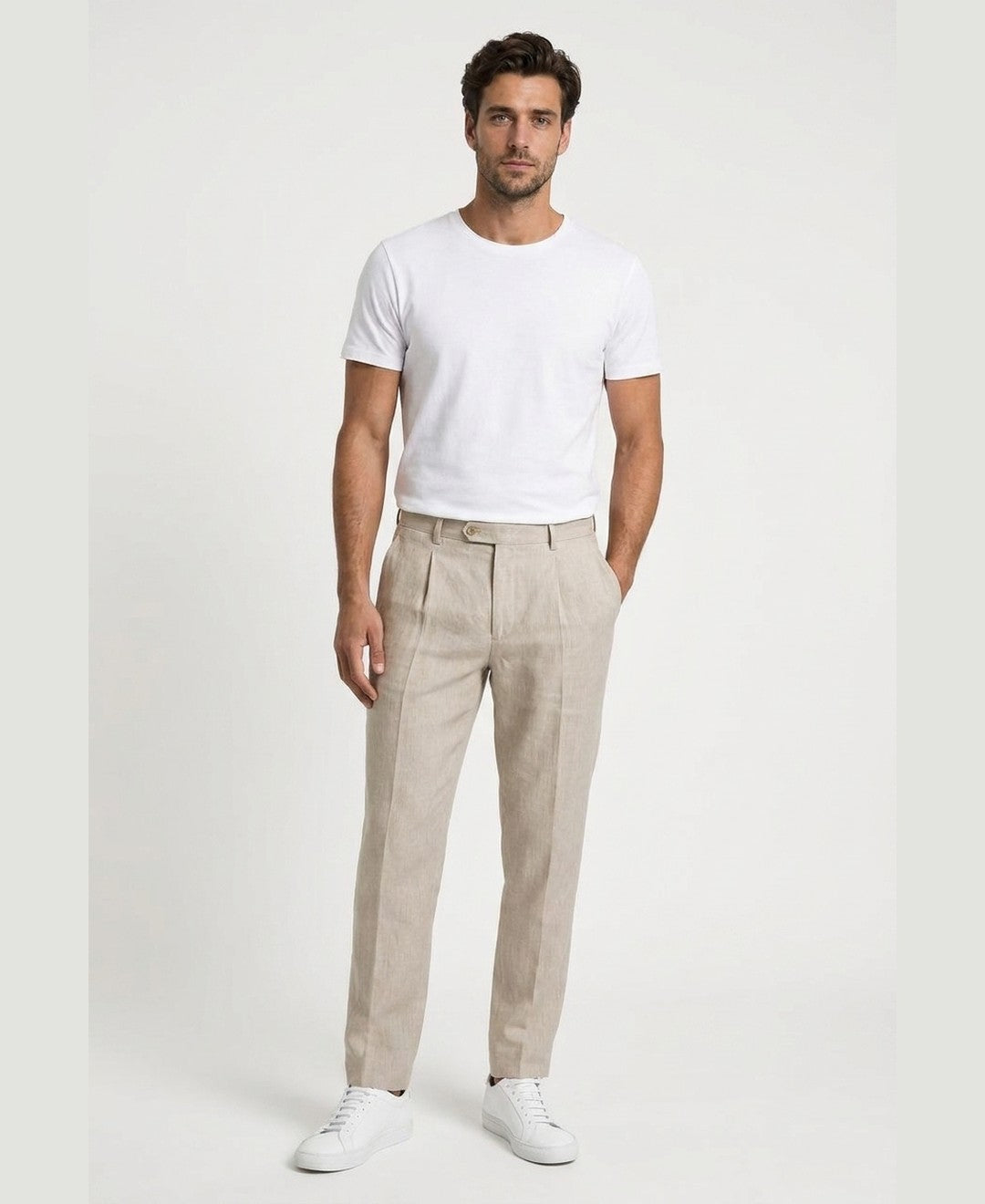 Marcus Pleated Trousers men's bottoms in beige, front view 9:11