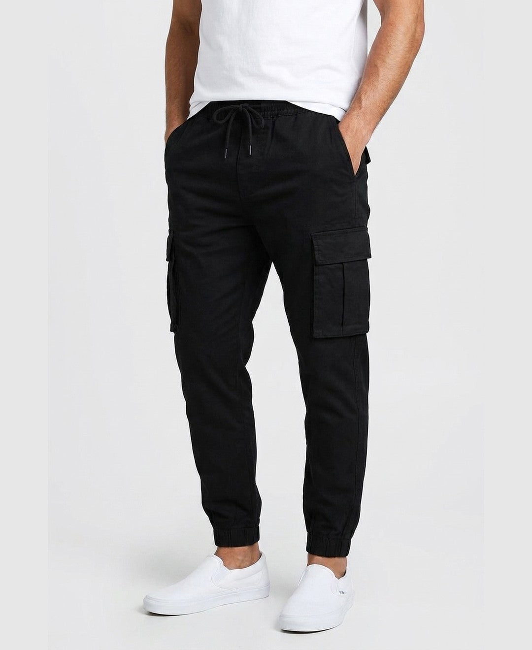 Sam Cargo Joggers men's bottoms in black, closeup view 9:11
