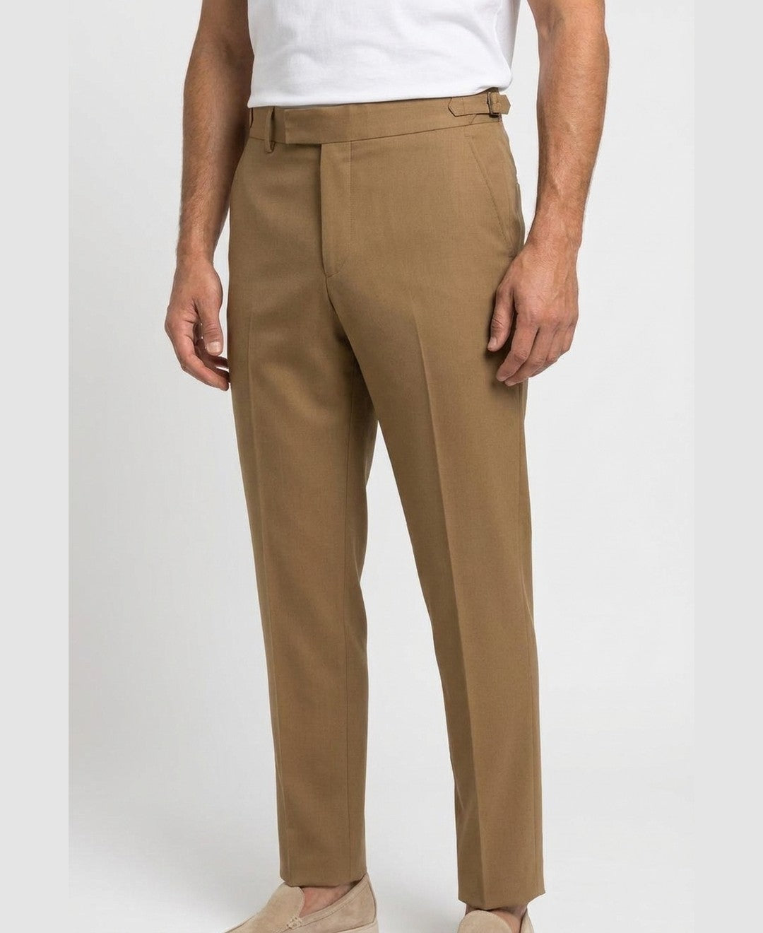 Carl Elegant Trousers men's bottoms in light brown, closeup view 9:11