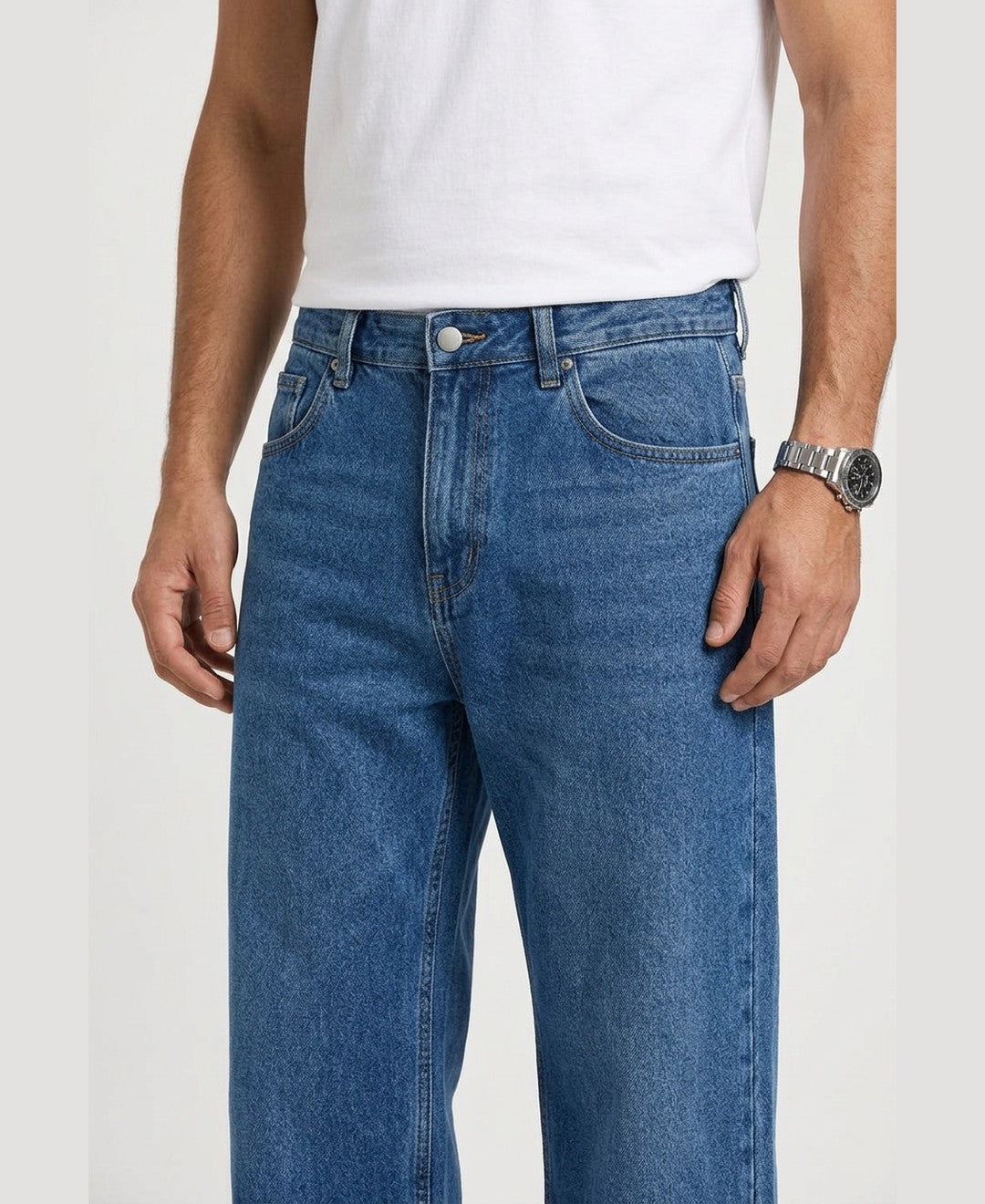 Elliot Wide Leg Jeans men's bottoms in blue, closeup view 9:11