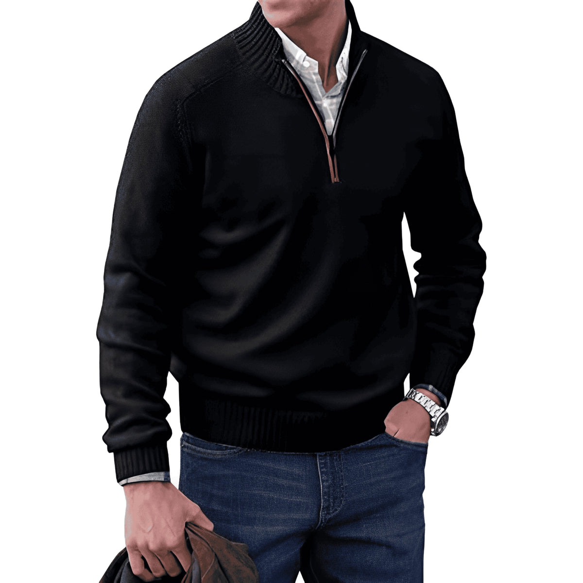 Nicholas Zip Neck Winter Knit Jumper in Black