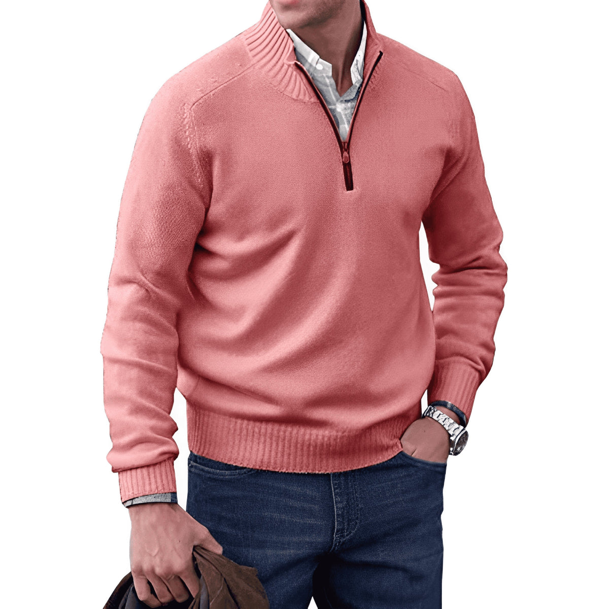 Nicholas Zip Neck Winter Knit Jumper in Pink