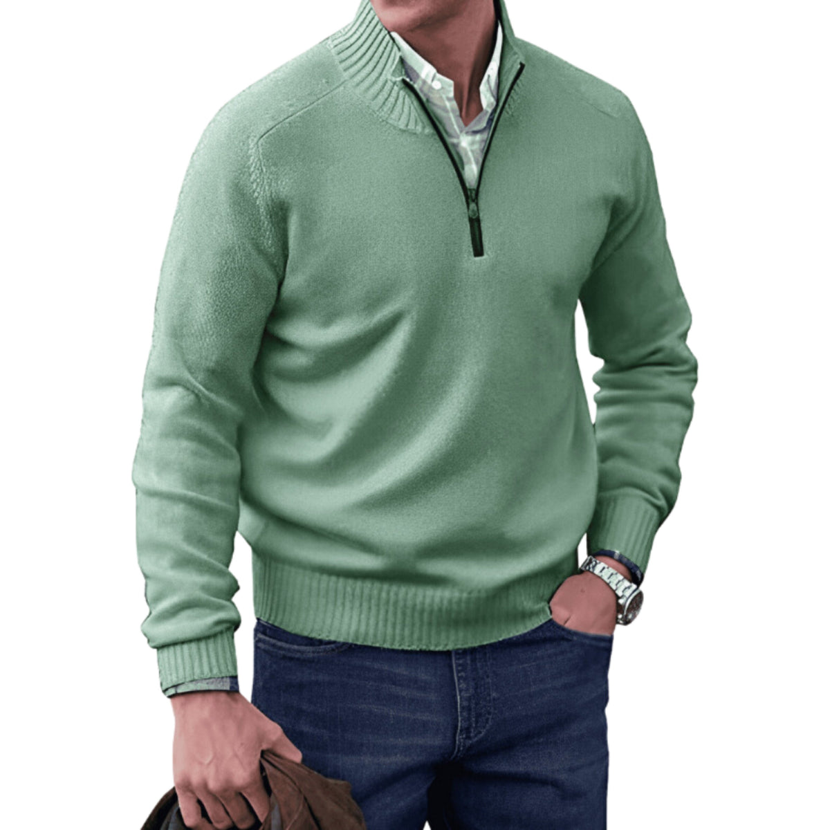 Nicholas Zip Neck Winter Knit Jumper in Green