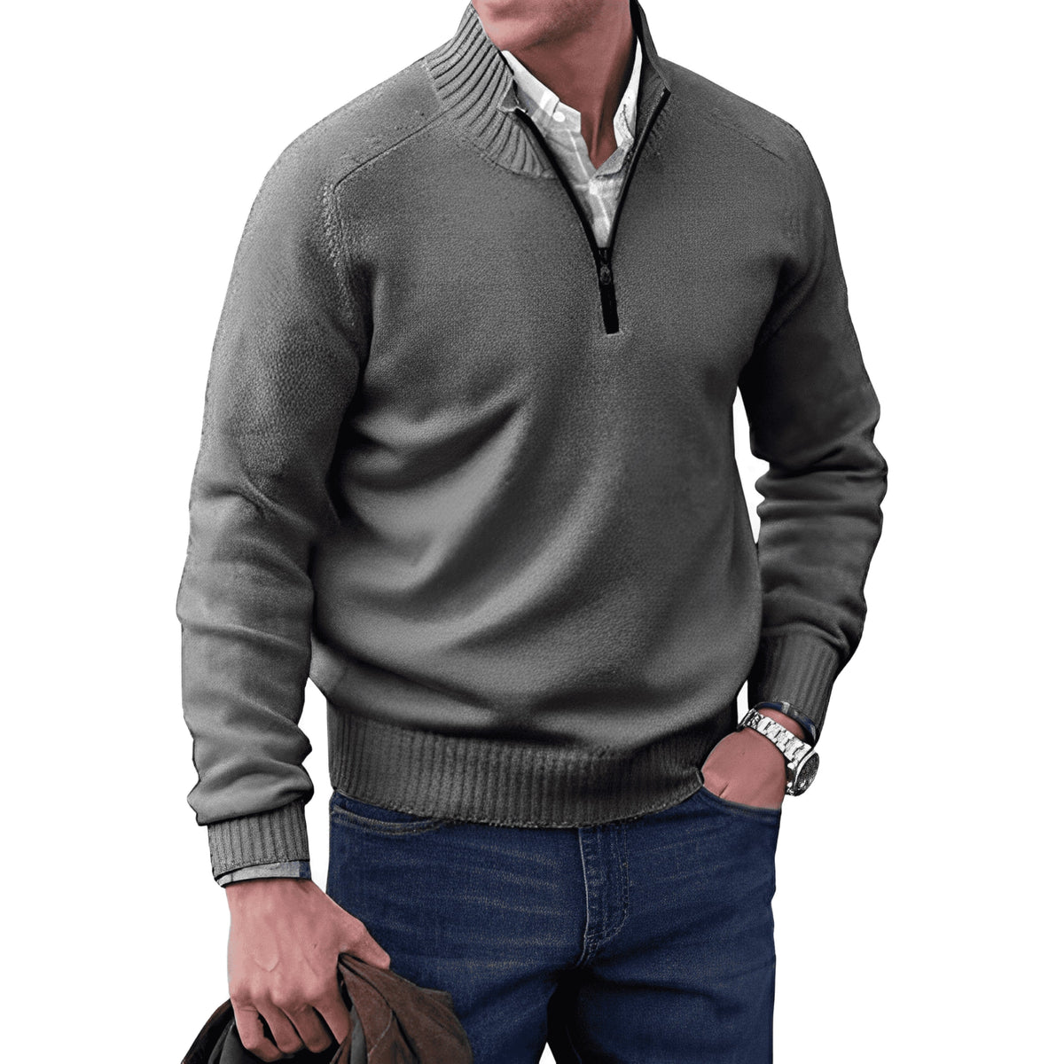 Nicholas Zip Neck Winter Knit Jumper in Dark Grey