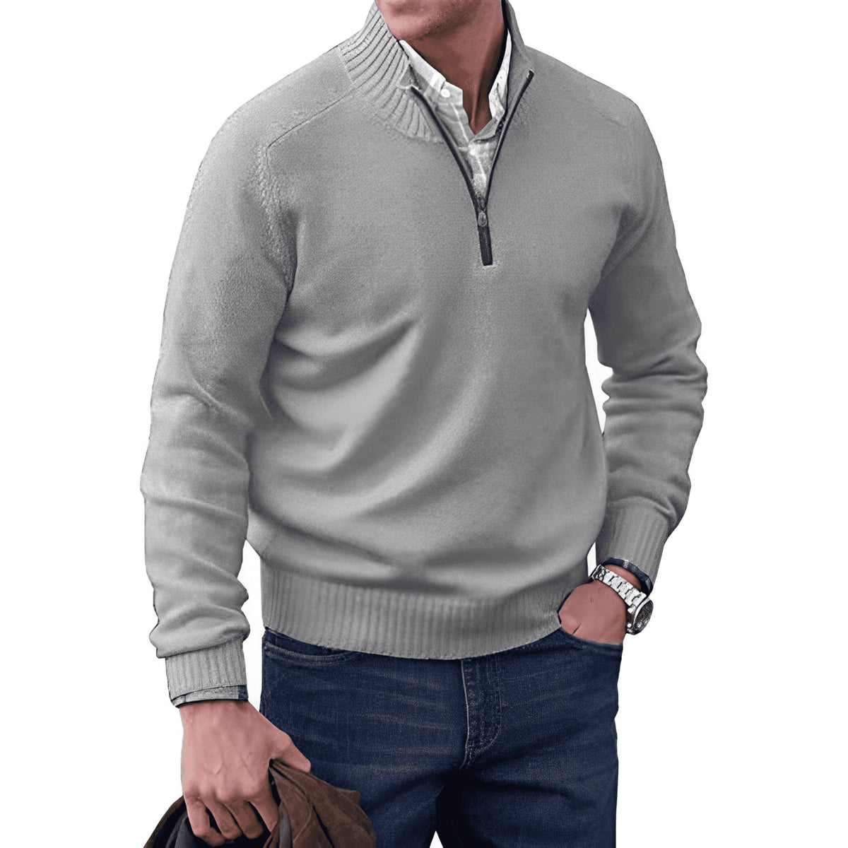 Nicholas Zip Neck Winter Knit Jumper in Light Grey
