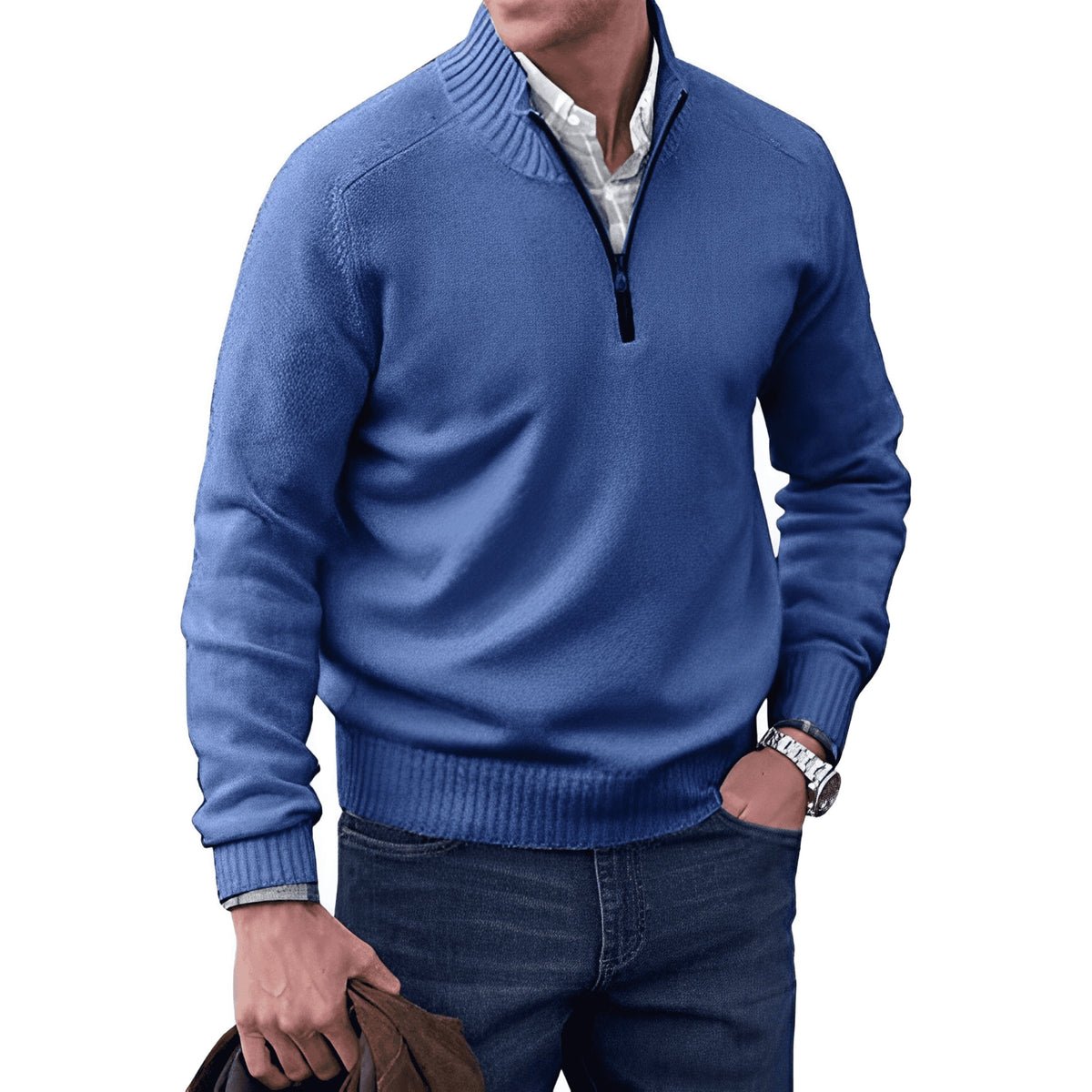 Nicholas Zip Neck Winter Knit Jumper in Blue