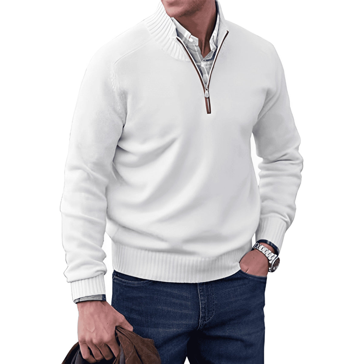 Nicholas Zip Neck Winter Knit Jumper in White
