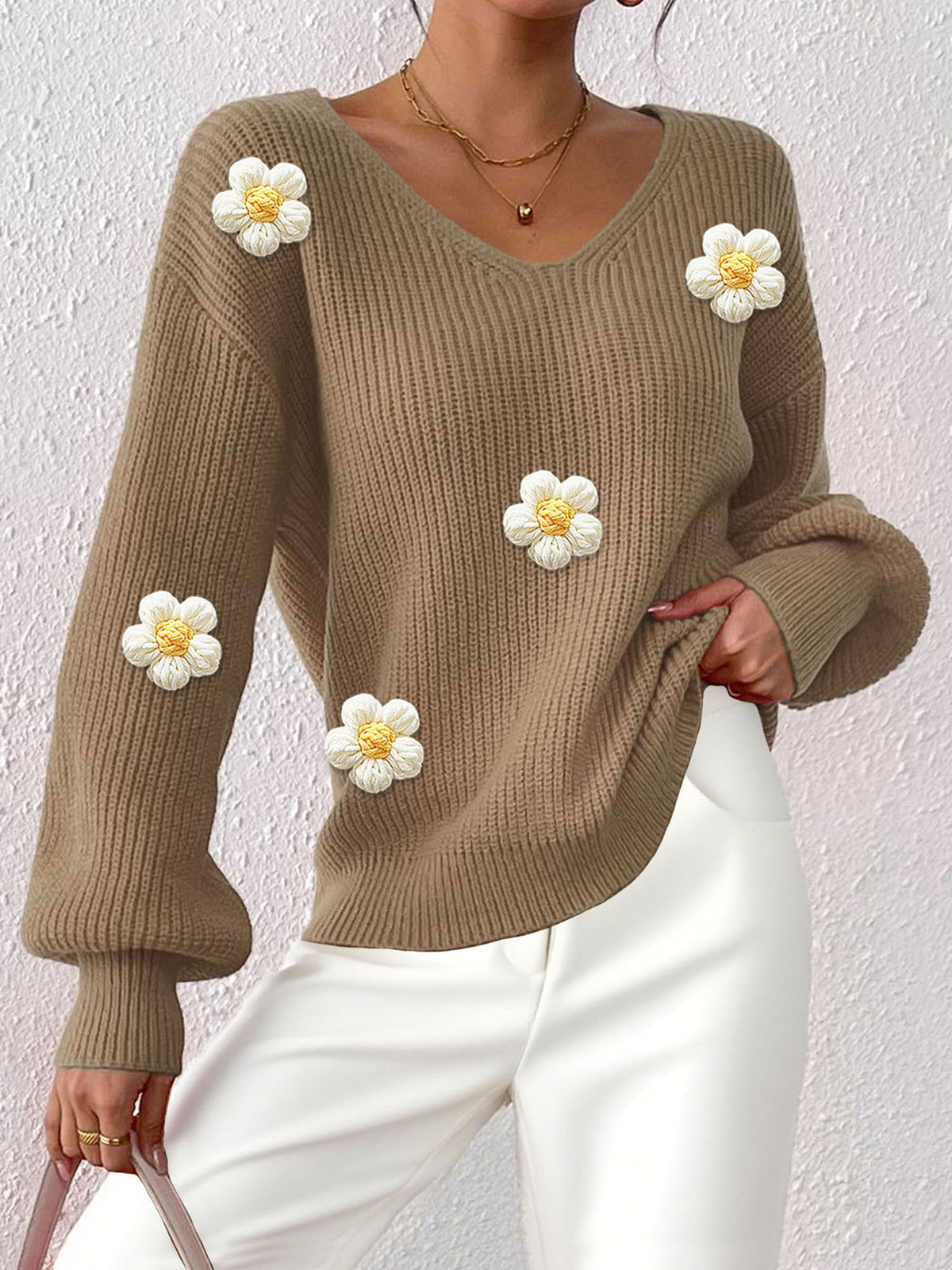 Teresa Flower Appliqué V Neck Jumper in Khaki