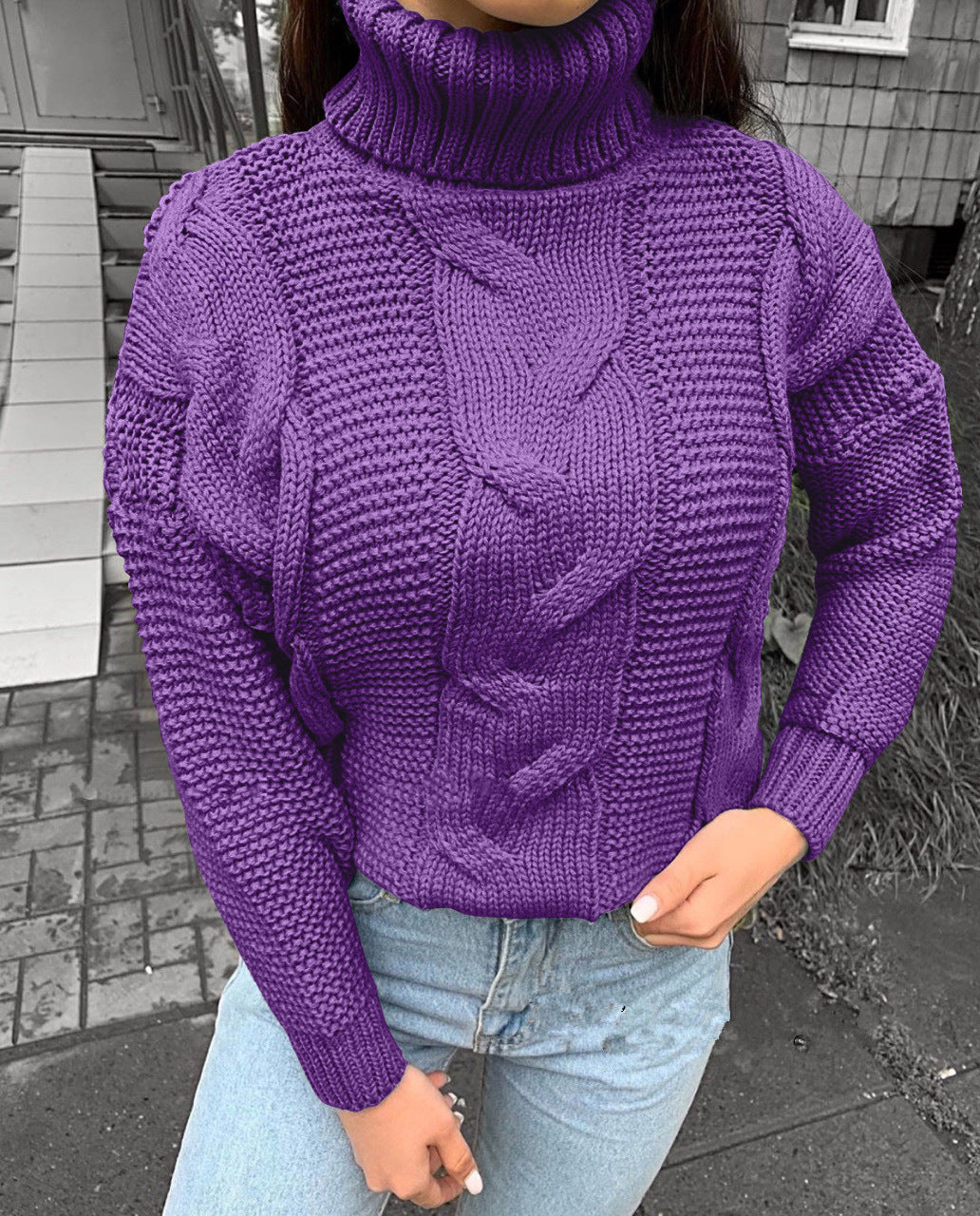 Sandra Cable Knit Roll Neck Jumper in Purple