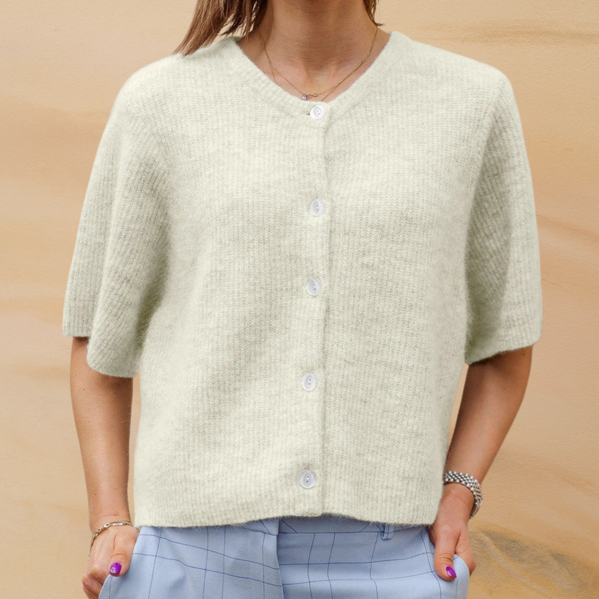 Monica Short Sleeve Button Front Cardigan in Off White