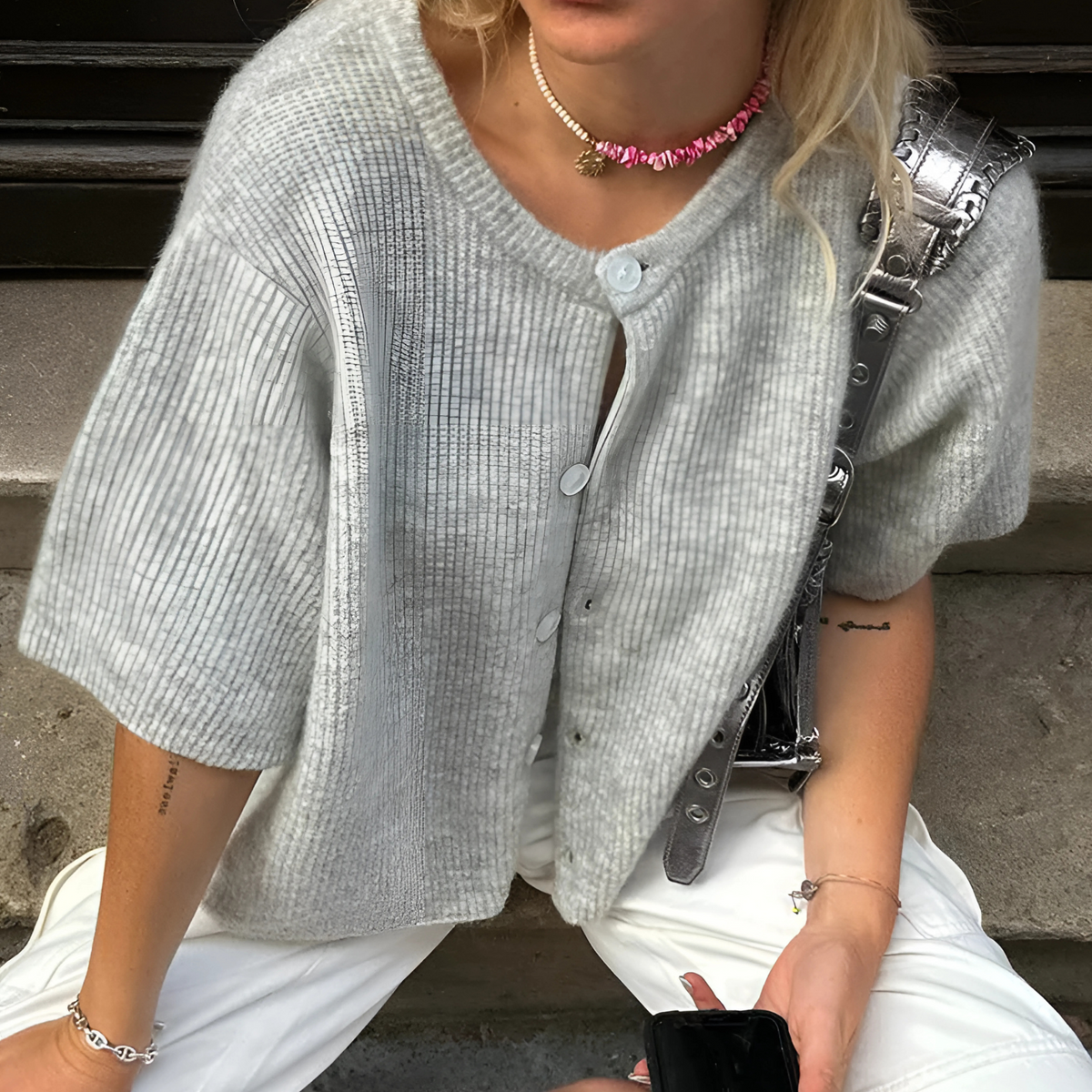 Monica Short Sleeve Button Front Cardigan in Light Grey