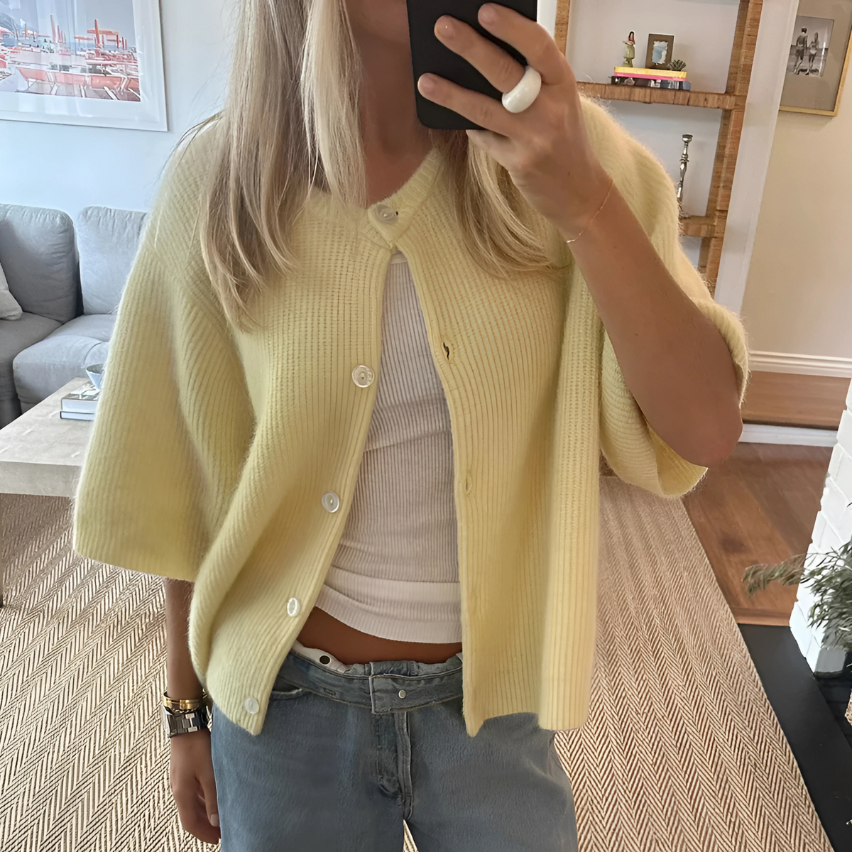 Monica Short Sleeve Button Front Cardigan in Yellow