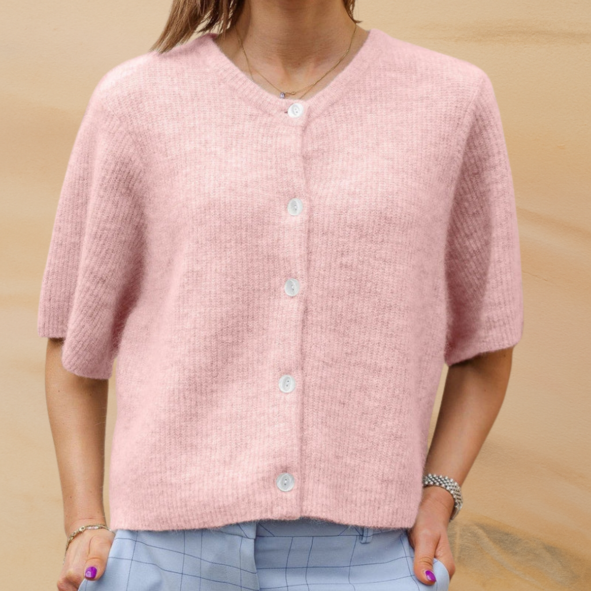 Monica Short Sleeve Button Front Cardigan in Light Pink