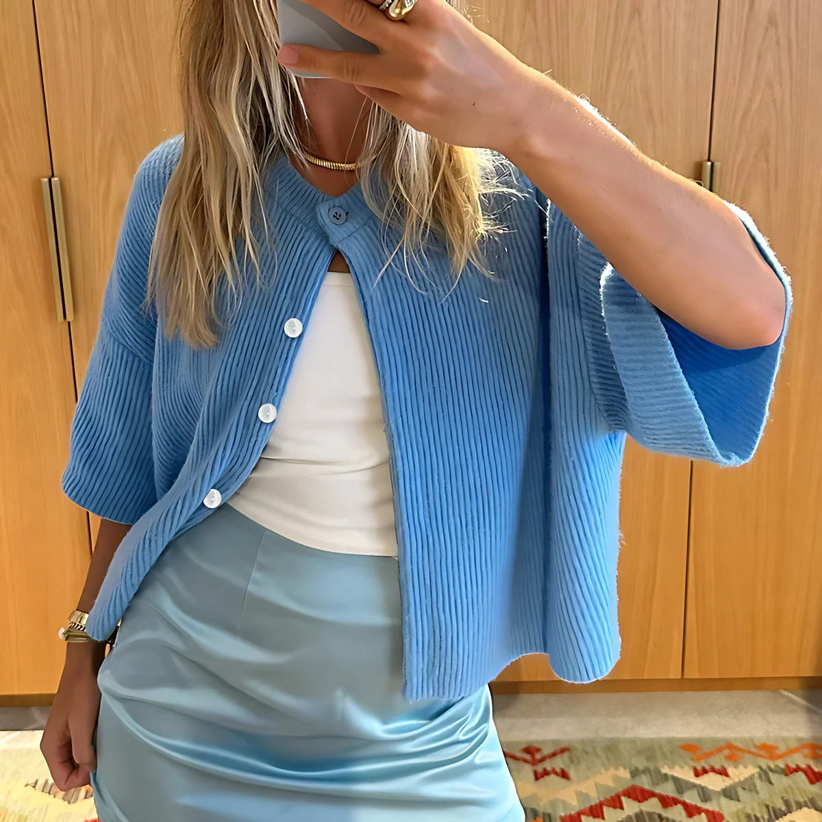 Monica Short Sleeve Button Front Cardigan in Blue