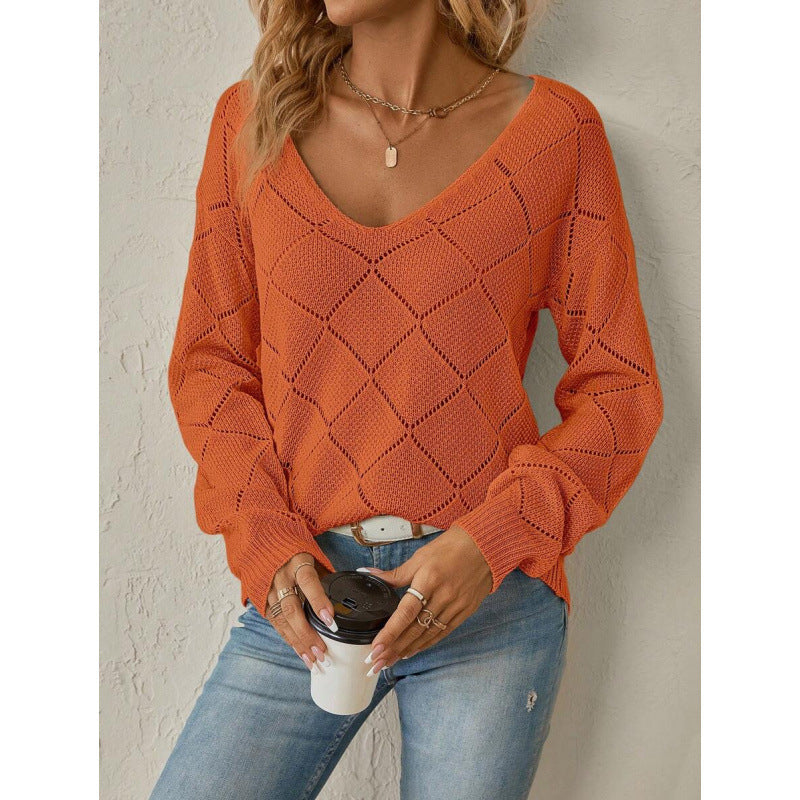 Stephanie Pointelle Diamond V Neck Jumper in Rust Orange
