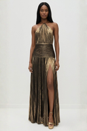 Aurelia metallic pleated halter maxi dress