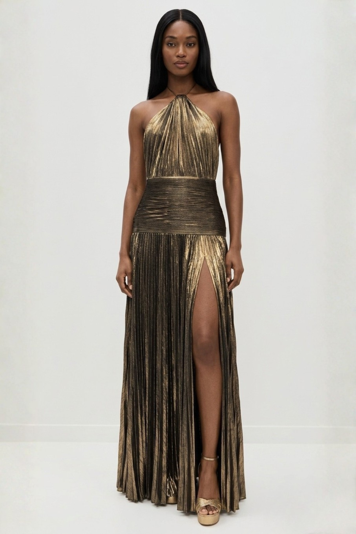 Aurelia metallic pleated halter maxi dress