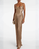 Cléophée gold pleated corset maxi dress
