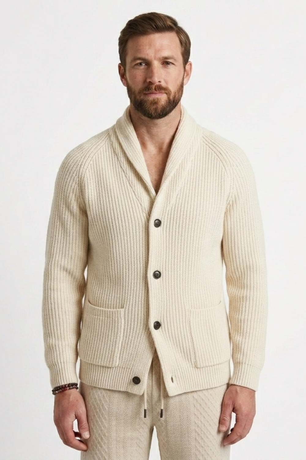 Men Shawl Collar Cardigan Chunky Ribbed Knit