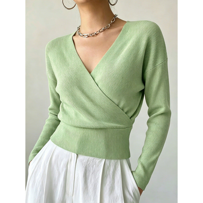 Rebecca Wrap Front Ribbed Knit Jumper in Mint Green
