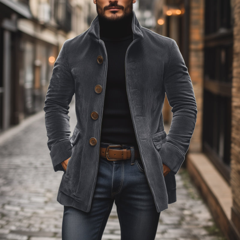 Henry Corduroy Stand Collar Short Coat in Grey