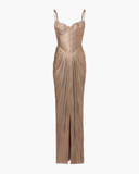 Cléophée gold pleated corset maxi dress