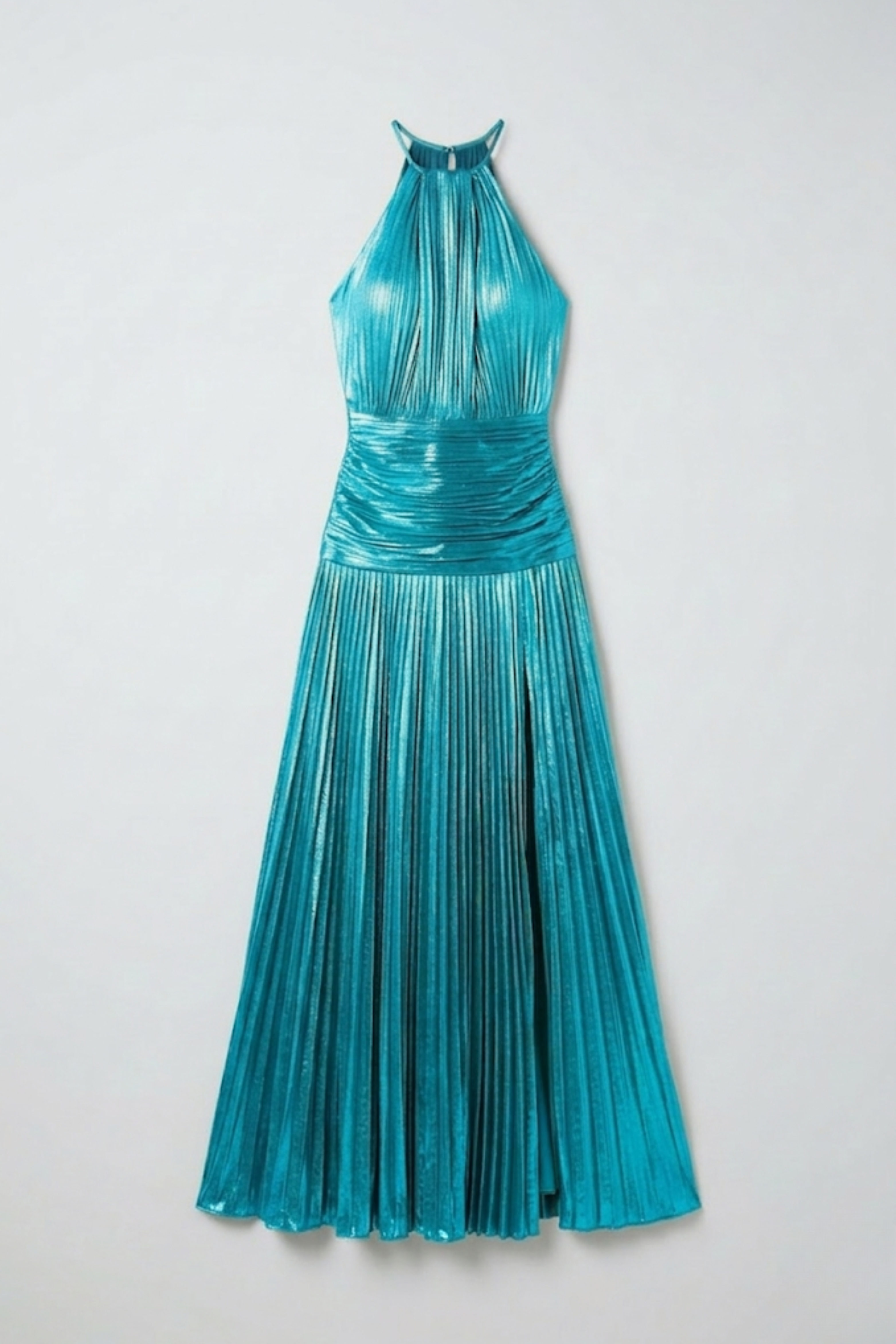 Aurelia metallic pleated halter maxi dress
