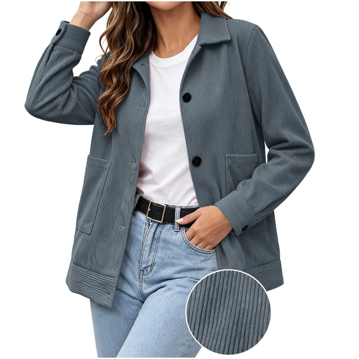 Lexi Corduroy Collared Button Jacket in Slate Blue