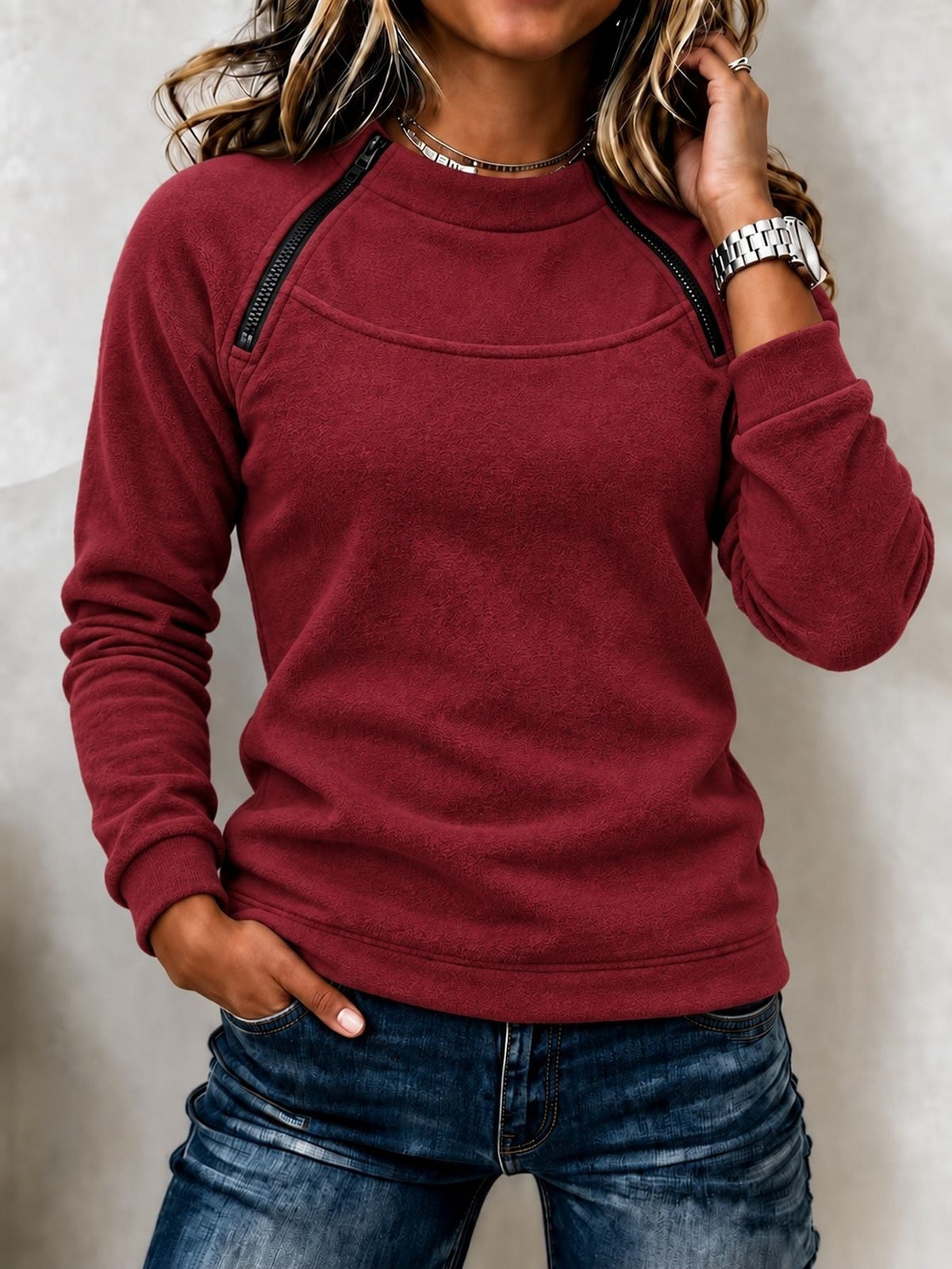 Stacey Zip Detail Crew Neck Sweatshirt in Burgundy