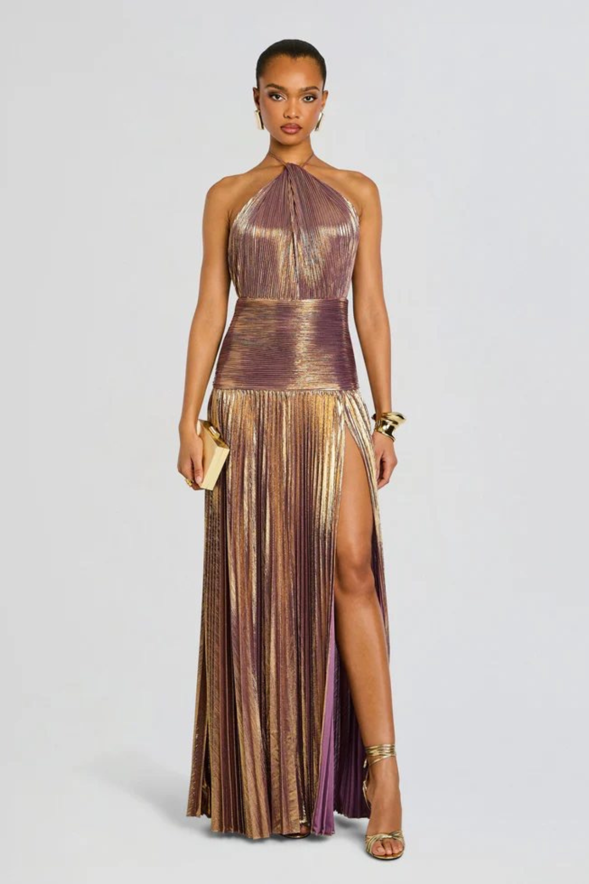 Aurelia metallic pleated halter maxi dress