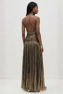 Aurelia metallic pleated halter maxi dress