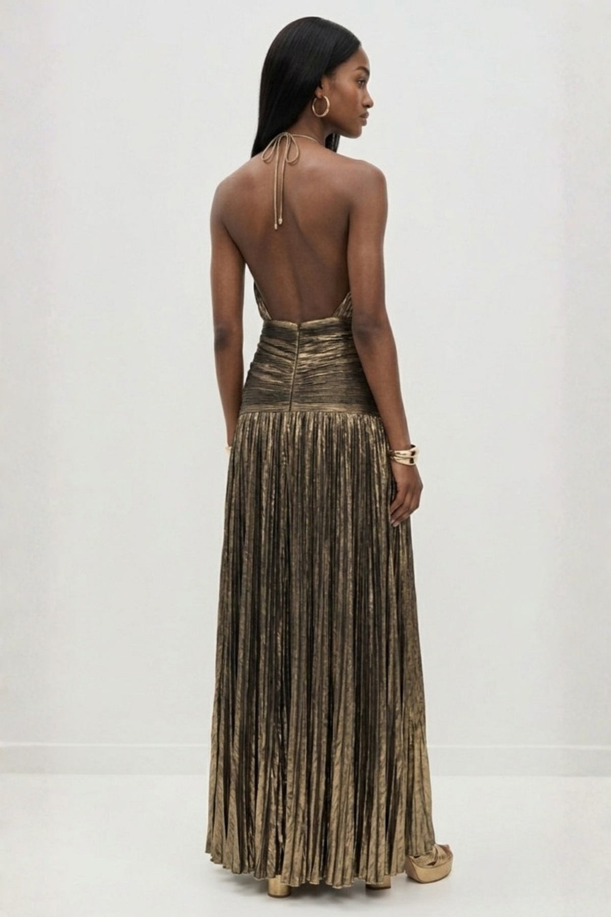 Aurelia metallic pleated halter maxi dress